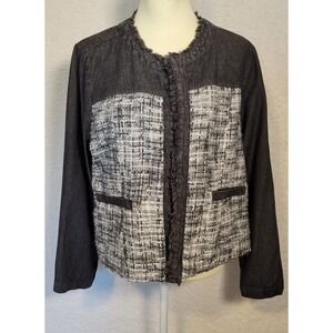 Arianna‎ by Howard's Jean Jacket L/XL Open Front Tweed Fringe Denim Black 0908